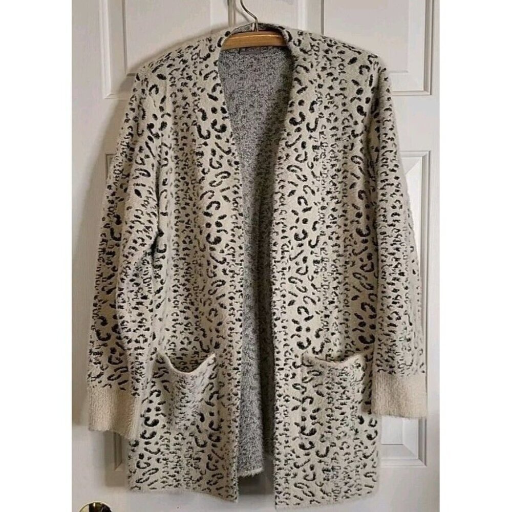 Evolution Animal Print Long Cardigan‎ Womens Large Soft Warm Cozy Snow Leopard
